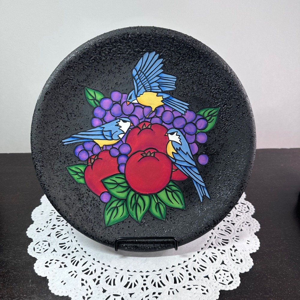 9.5" Hand Painted Ceramic Plate Birds Pomegranates Volcanic Lava Look